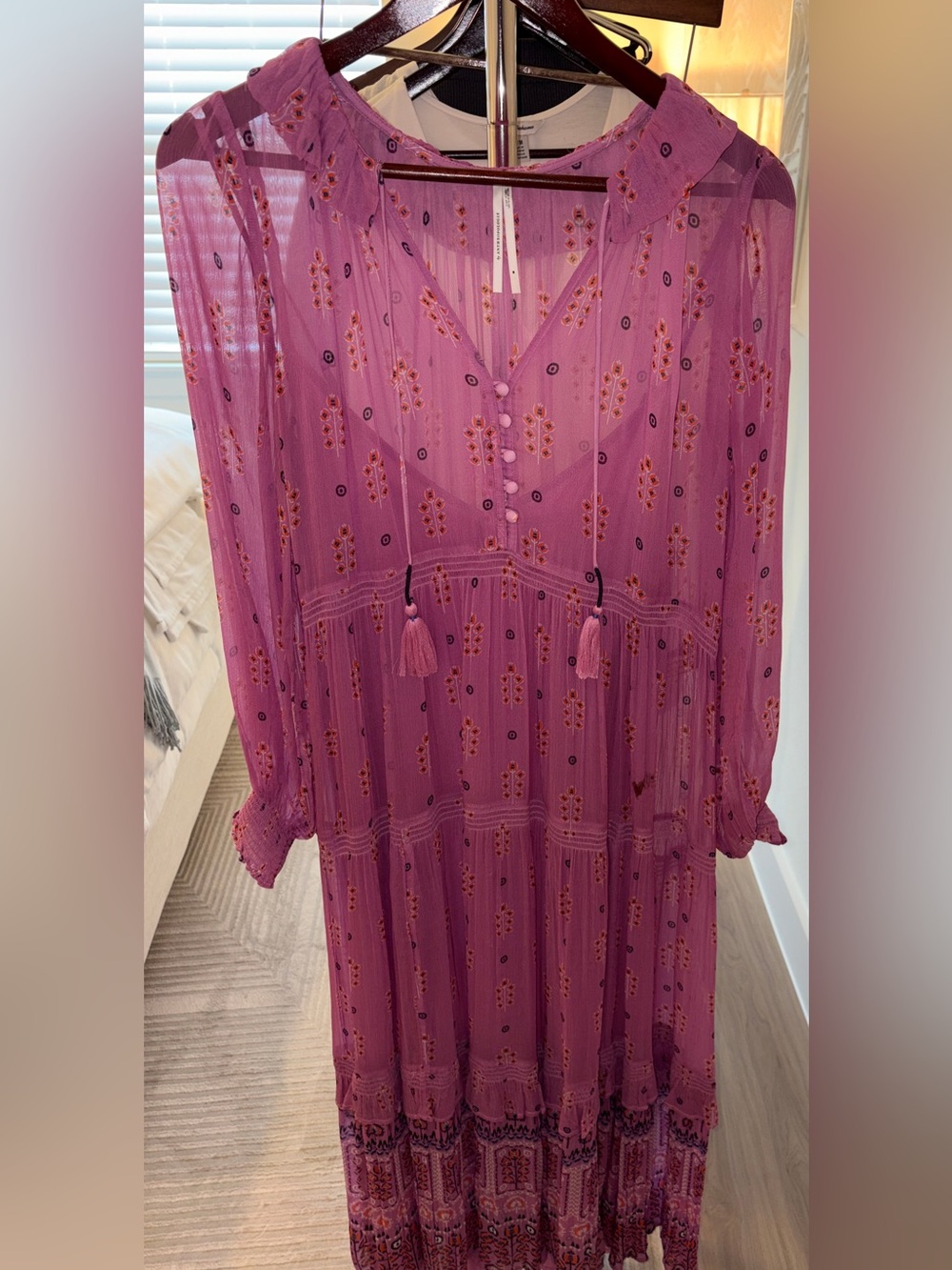 Anthropologie Marais Long Sleeve Maxi Ruffle Tiered Dress with Slip Sz Medium